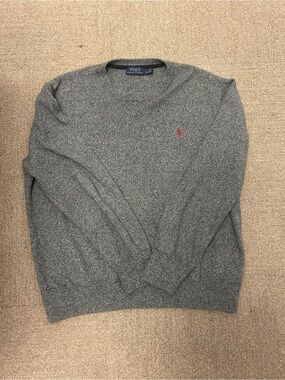 Polo Ralph Lauren 100% Cotton V Neck Sweater Gray Heather Red Pony Large